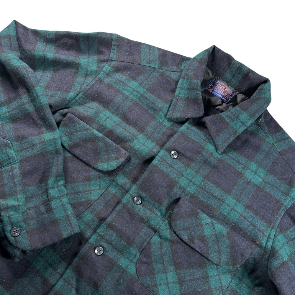VTG Pendleton‎ Board Shirt Mens M Green Blue Plaid 100% Virgin Wool Made in USA